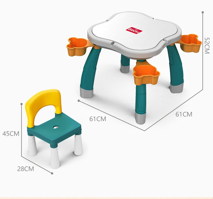 Kikibebe Plum Blossom Shape Building Block Table with Chair – 100 Pieces Building Blocks – Deep Lake Green