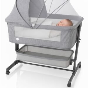 Kikibebe 3-In-1 Baby Bedside Crib – Portable, Adjustable With Storage Basket, Mosquito Net & Breathable Mattress – Light Grey