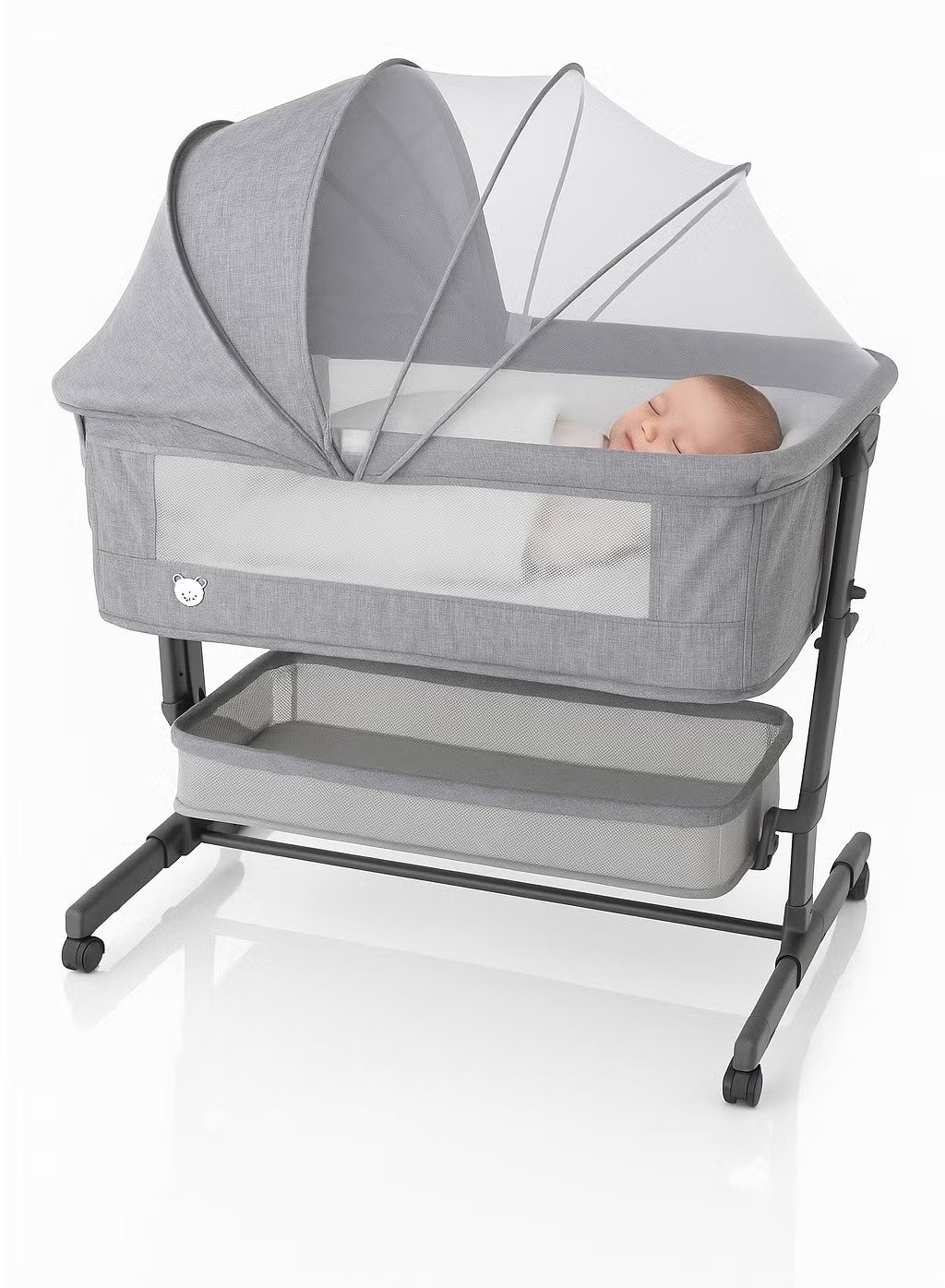 Kikibebe 3-In-1 Baby Bedside Crib – Portable, Adjustable With Storage Basket, Mosquito Net & Breathable Mattress – Light Grey