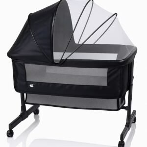 Kikibebe 3-In-1 Baby Bedside Crib – Portable, Adjustable With Storage Basket, Mosquito Net & Breathable Mattress – Dark Grey