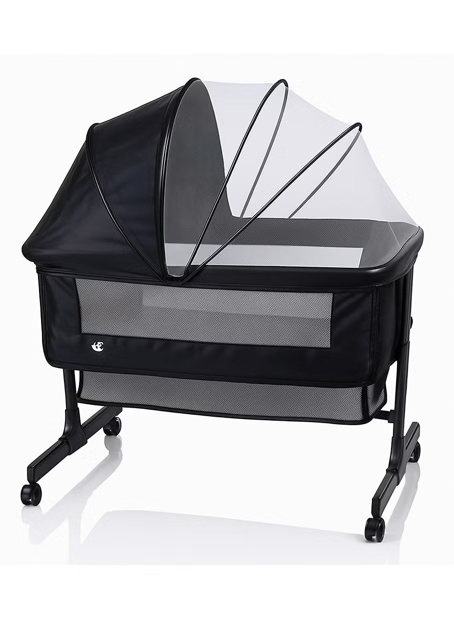 Kikibebe 3-In-1 Baby Bedside Crib – Portable, Adjustable With Storage Basket, Mosquito Net & Breathable Mattress – Dark Grey