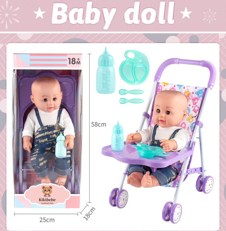 Kikibebe 18-Inch Fat Boy Doll With Stroller, Bottle & Dinner Plate – Boys – Multicolor