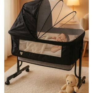 kikibebe-3-in-1-baby-bedside-crib-portable-adjustable-with-storage-basket-mosquito-net-breathable-mattress-dark-grey