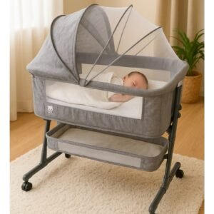 kikibebe-3-in-1-baby-bedside-crib-portable-adjustable-with-storage-basket-mosquito-net-breathable-mattress-light-grey