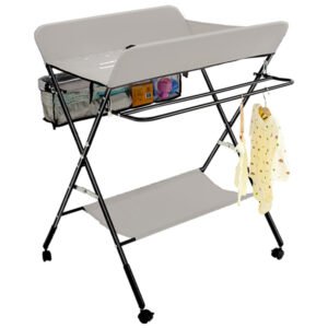 kikibebe-babycare-diaper-changing-table-with-wheels-5-level-height-adjustable-infant-care-station-with-storage-shelf-grey