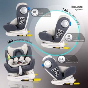 MOON GYRO Baby Car Seat for Child Group 0+/1/2/3 (0-36 kg/0-12 Year) ISOFIX+ Top Tether Rotation 360° -Grey
