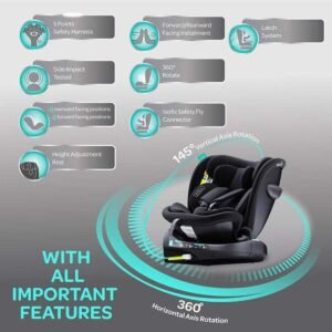 MOON GYRO Baby Car Seat for Child Group 0+/1/2/3 (0-36 kg/0-12 Year) ISOFIX+ Top Tether Rotation 360° - Black