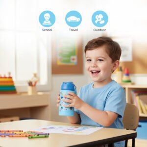 زجاجة ماء معزولة للأطفال من مون - خالية من مادة BPA، مزودة بفوهة مانعة للتسرب للأطفال الصغار - صديقة للبيئة - تحافظ على برودة أو دفء الماء لساعات - مغامرة فضائية