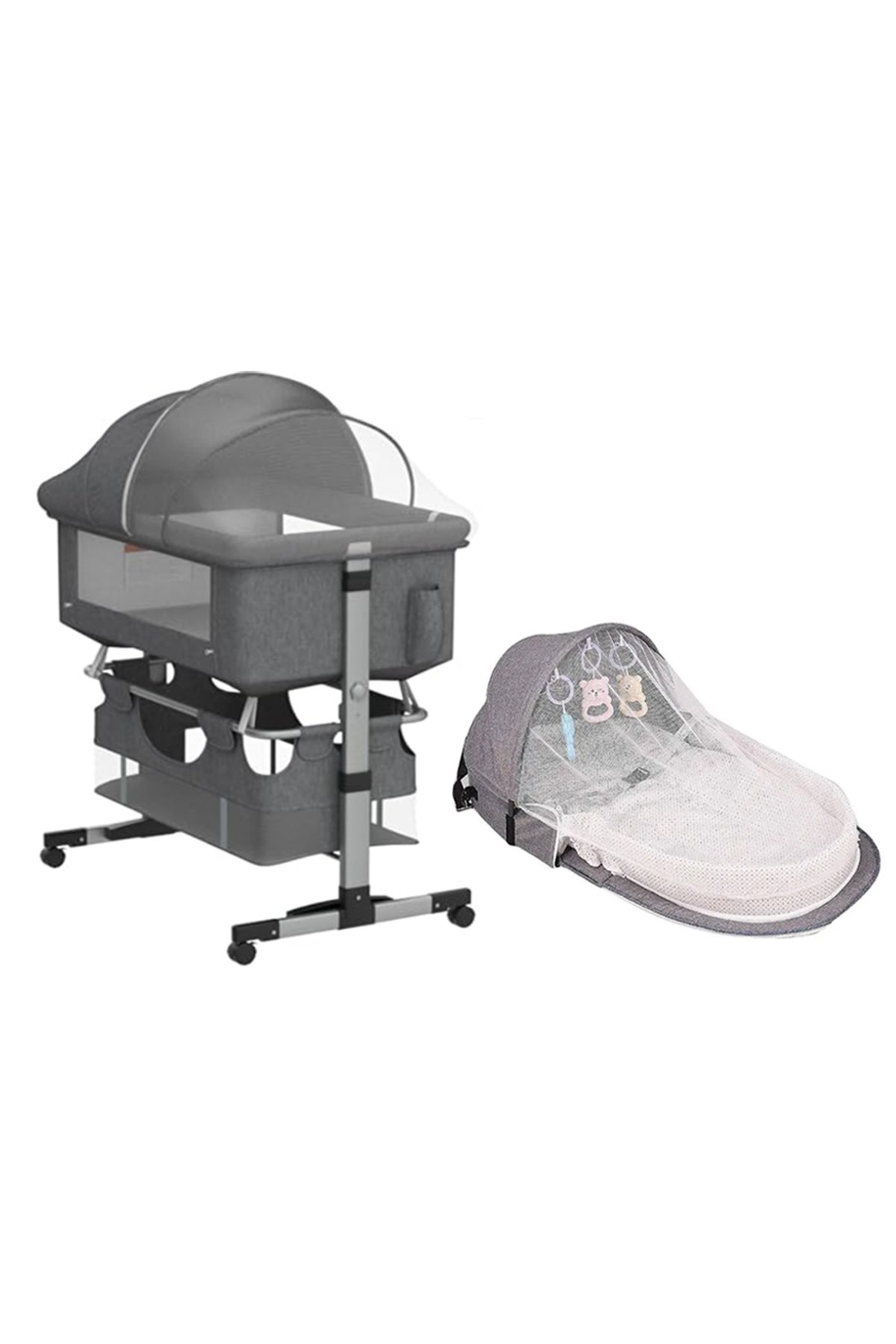 STAR BABiES - Adjustable Bedside Crib With Net & Storage Basket And Infant Bed With Mosquito Net - Grey 1 STAR BABiES - Adjustable Bedside Crib With Net & Storage Basket And Infant Bed With Mosquito Net - Grey