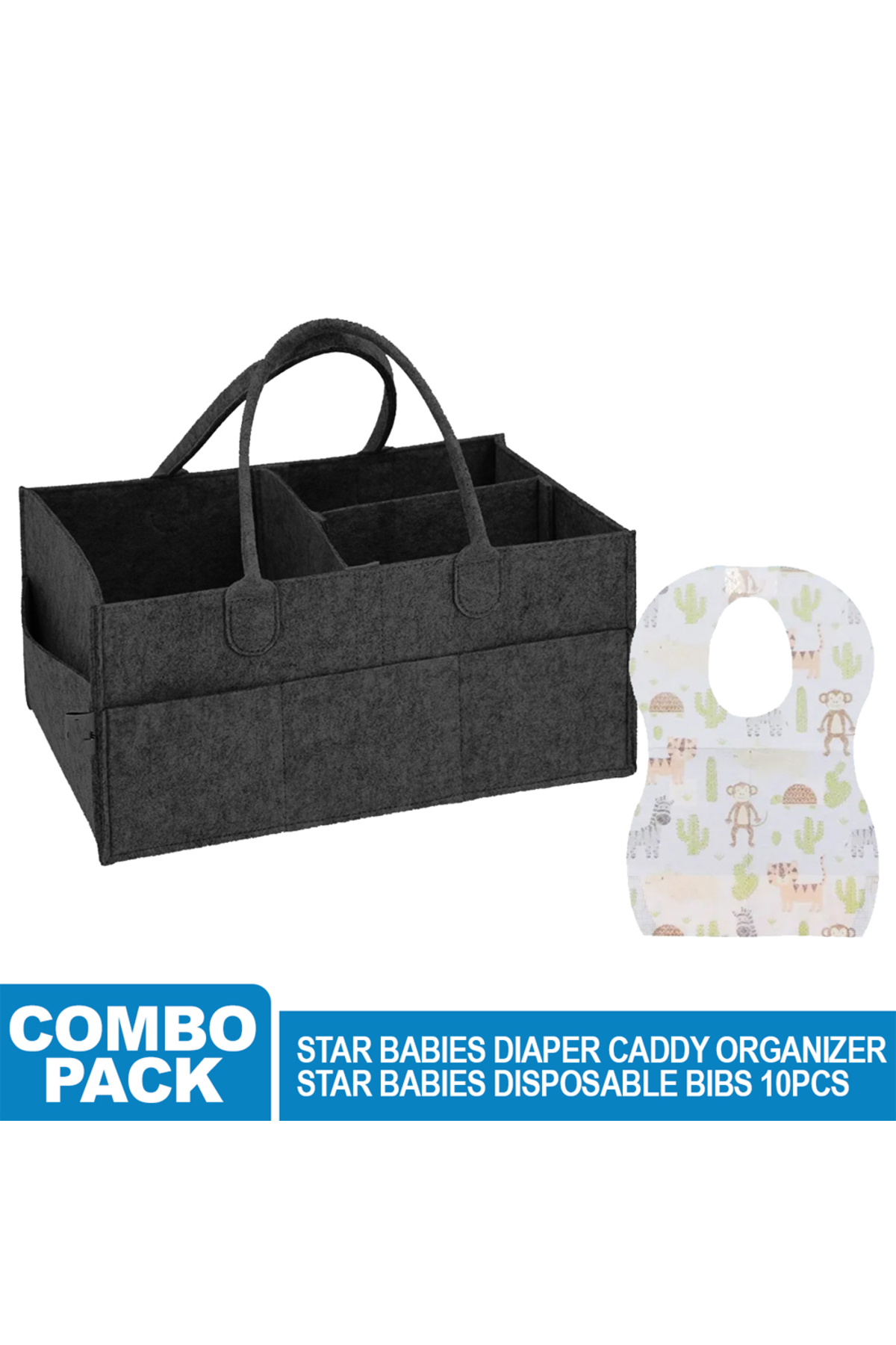 STAR BABiES - Caddy Diaper Bag with Disposable Bibs - 10pcs - Grey/Black 1 STAR BABiES - Caddy Diaper Bag with Disposable Bibs - 10pcs - Grey/Black