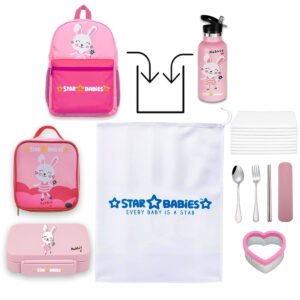 STAR BABiES - School Backpack, Water Bottle, With Insulated Lunch Bag & Box Set - Cute Rabbit - 4 Pcs with Free Disposable Towel 10pcs, Spoon & fork Set, Sandwich Cutter