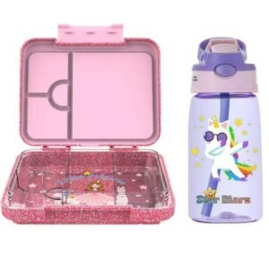 StarMarz - Little Princes Pink Bento Glitter Lunch Box with Plastic Water Bottle Dancing Unicorn (480ml) - Purple
