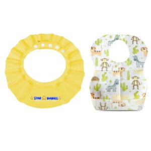 STAR BABiES - Combo Pack Of 2- Adjustable Shower Cap With Disposable Bibs (20 Pcs) - Yellow