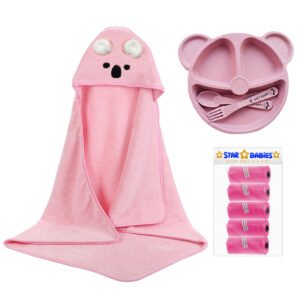 STAR BABiES - Microfiber Hooded Towel, Scented Bag 5pcs and Baby Plate - Pink