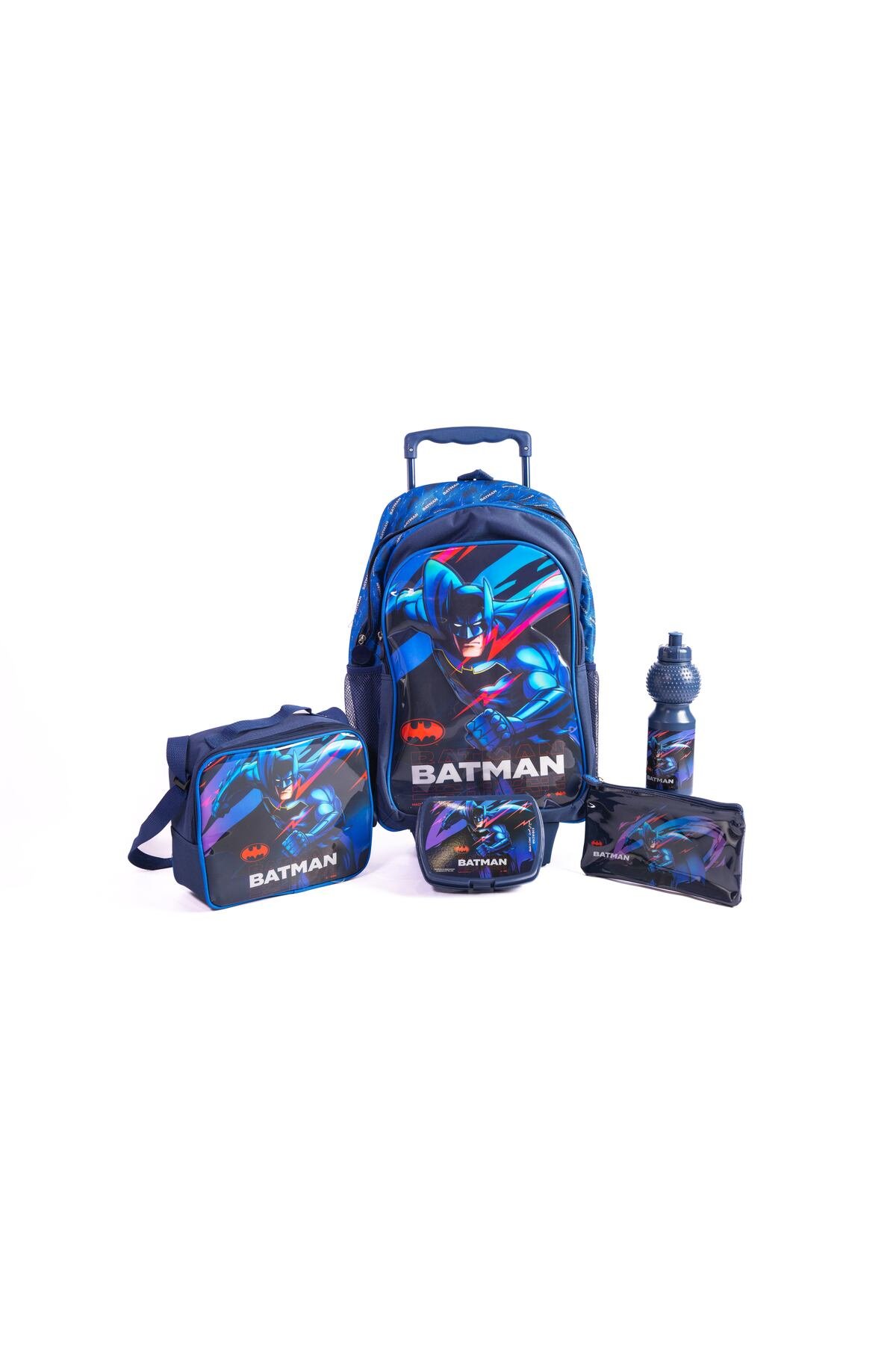 Batman 18" Trolley Bag Set With Lunch Bag, Pencil Case, Water Bottle & Lunch Box – Dark Blue 1 Batman 18" Trolley Bag Set With Lunch Bag, Pencil Case, Water Bottle & Lunch Box – Dark Blue