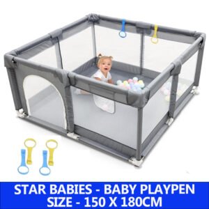 STAR BABiES - Baby Playpen With 4 Pull-Up Rings - Dark Grey - 180 x 150 cm