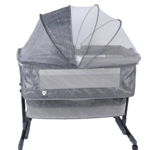 KIKIBEBE 3-In-1 Baby Bedside Crib – Portable, Adjustable With Storage Basket, Mosquito Net & Breathable Mattress – Light Grey