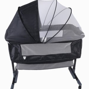 KIKIBEBE 3-In-1 Baby Bedside Crib – Portable, Adjustable With Storage Basket, Mosquito Net & Breathable Mattress – Dark Grey