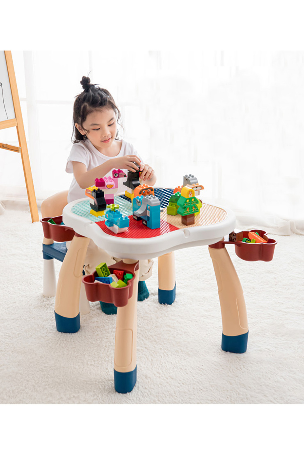KIKIBEBE Plum Blossom Shape Building Block Table With Chair – 100 Pieces Building Blocks – Deep Lake Green 1 KIKIBEBE Plum Blossom Shape Building Block Table With Chair – 100 Pieces Building Blocks – Deep Lake Green