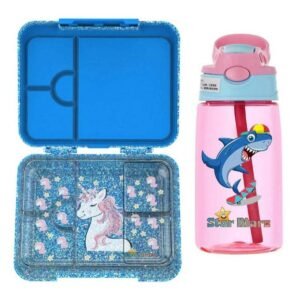 StarMarz - Unicorn Blue Bento Glitter Lunch Box wth Plastic Water Bottle Shark (480ml) - Pink
