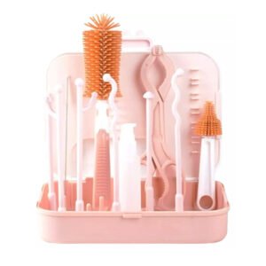 STAR BABiES - 7-In-1 Baby Bottle Cleaning Brush & Rack Travel Set - Pink