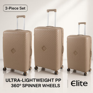 ELITE 3-Piece Hard-Shell Luggage Set (20/24/28) – Lightweight Spinner Suitcase – Beige Gold