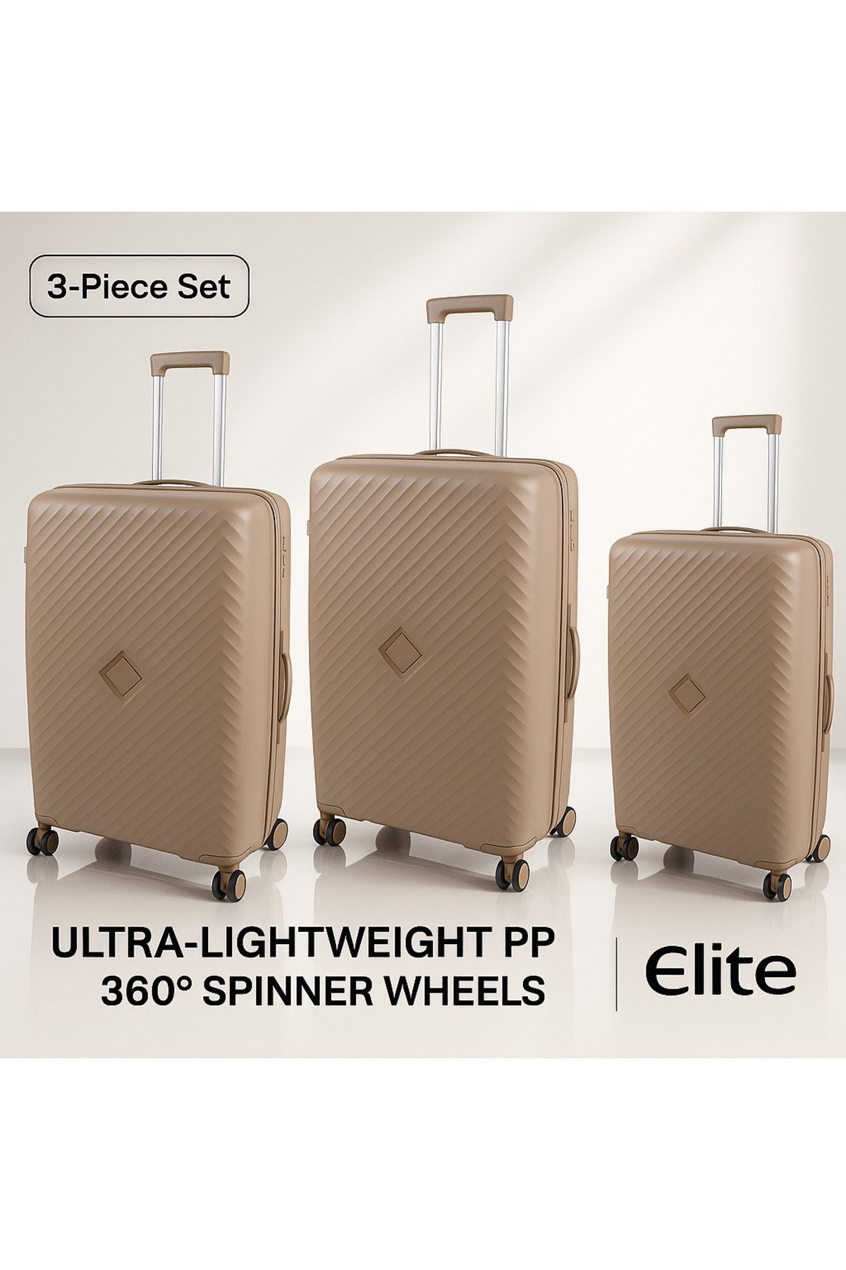 ELITE 3-Piece Hard-Shell Luggage Set (20/24/28) – Lightweight Spinner Suitcase – Beige Gold 1 ELITE 3-Piece Hard-Shell Luggage Set (20/24/28) – Lightweight Spinner Suitcase – Beige Gold