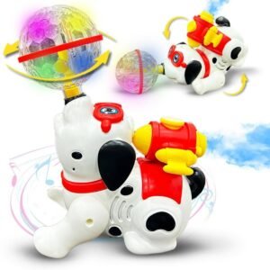 URBAN TOTS Dancing Dog Toy – 360° Rotating Lights & Sound With Bump & Go Action And Water Mist Spray-White