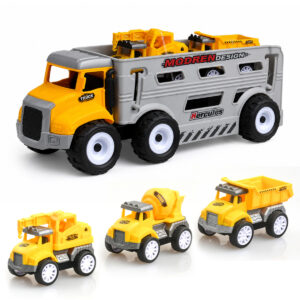 KIKIBEBE Friction Truck Set – 2 Random Style Pull-Back Engineering Vehicles With Inertial Drive – Interactive Educational Toy – Grey & Yellow