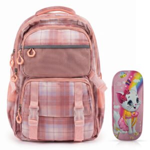 COCOBEE Backpack with Adjustable Straps, Zipper Closure & Side Bottle Pocket – Pink, 15 Inches, 5 Years + Pencil Case for Girls