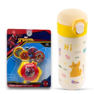 COCOBEE Insulated Stainless Steel Water Bottle – Leakproof, 500ml, Odour-Free, Yellow (3+ Years) + Marvel Spider-Man Disc Shooter Toy for Kids